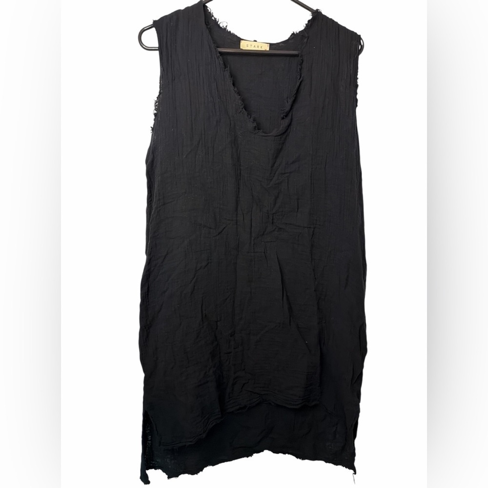 Stark X Black Sleeveless V-Neck Tunic Dress raw edge fringe hem side slits